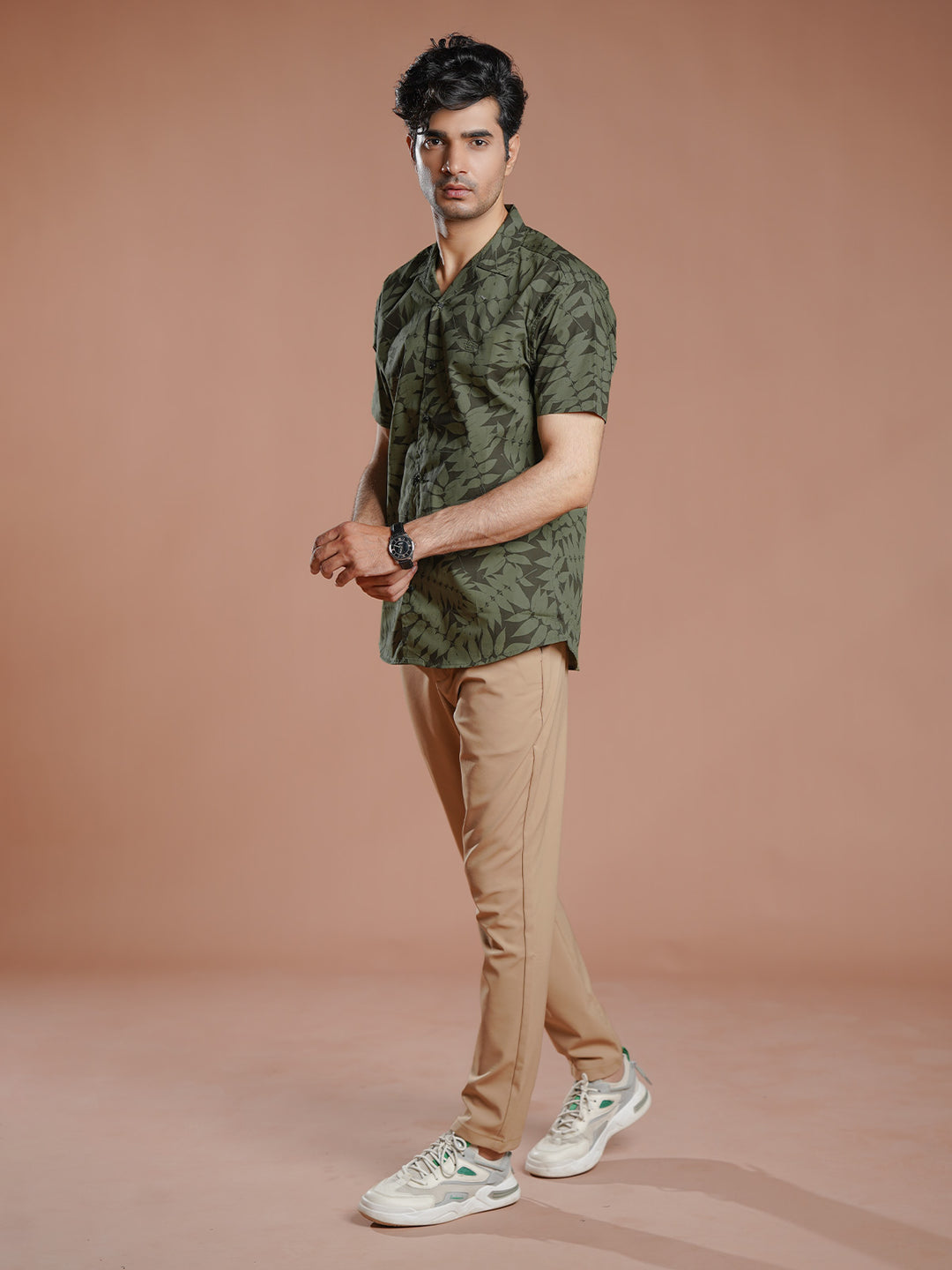 Olive Printed Resort Collar Shirt (CSP-314)