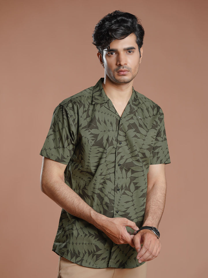 Olive Printed Resort Collar Shirt (CSP-314)