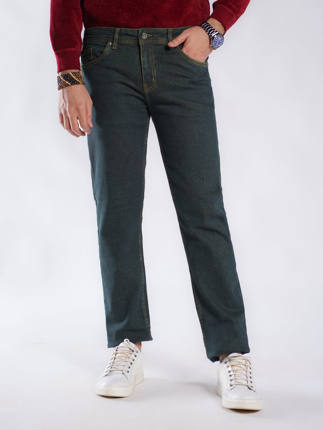 Dark Green Self Stretchable Denim Jeans 42