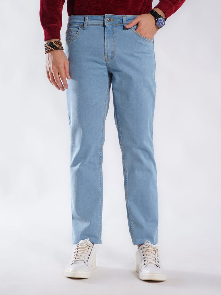 Ice Blue Plain Stretchable Denim Jeans 42