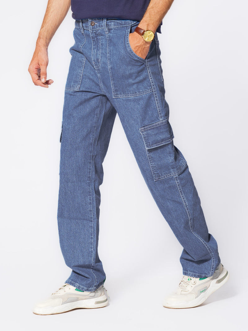 Light Blue Relaxed Fit Cargo Pocket Jeans (DSP-001)