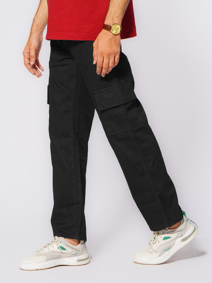 Black Relaxed Fit Cargo Pocket Jeans (DSP-003)