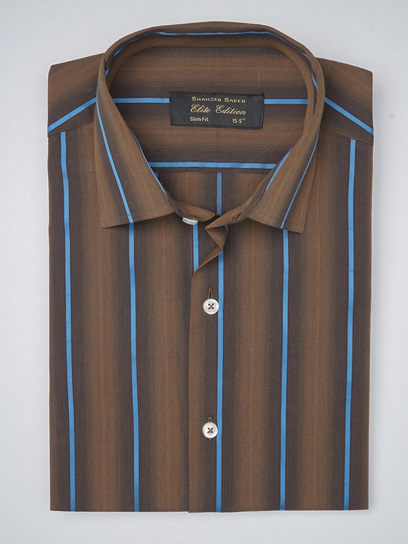 Brown & Multi Color Self Striped, Elite Edition, French Collar Men’s Formal Shirt (FS-1094)