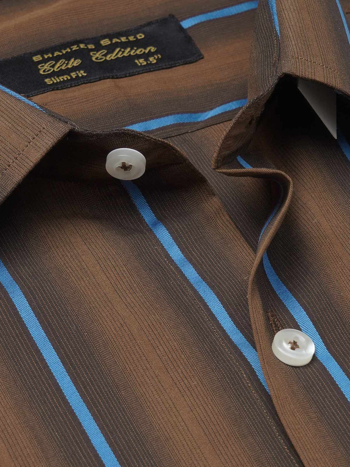 Brown & Multi Color Self Striped, Elite Edition, French Collar Men’s Formal Shirt (FS-1094)