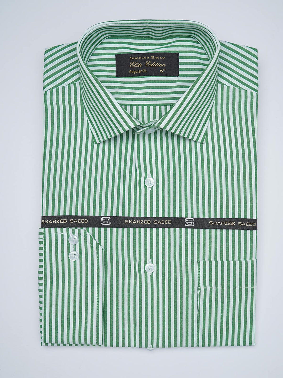 Dark Green & White Striped, Elite Edition, French Collar Men’s Formal Shirt (FS-1688)