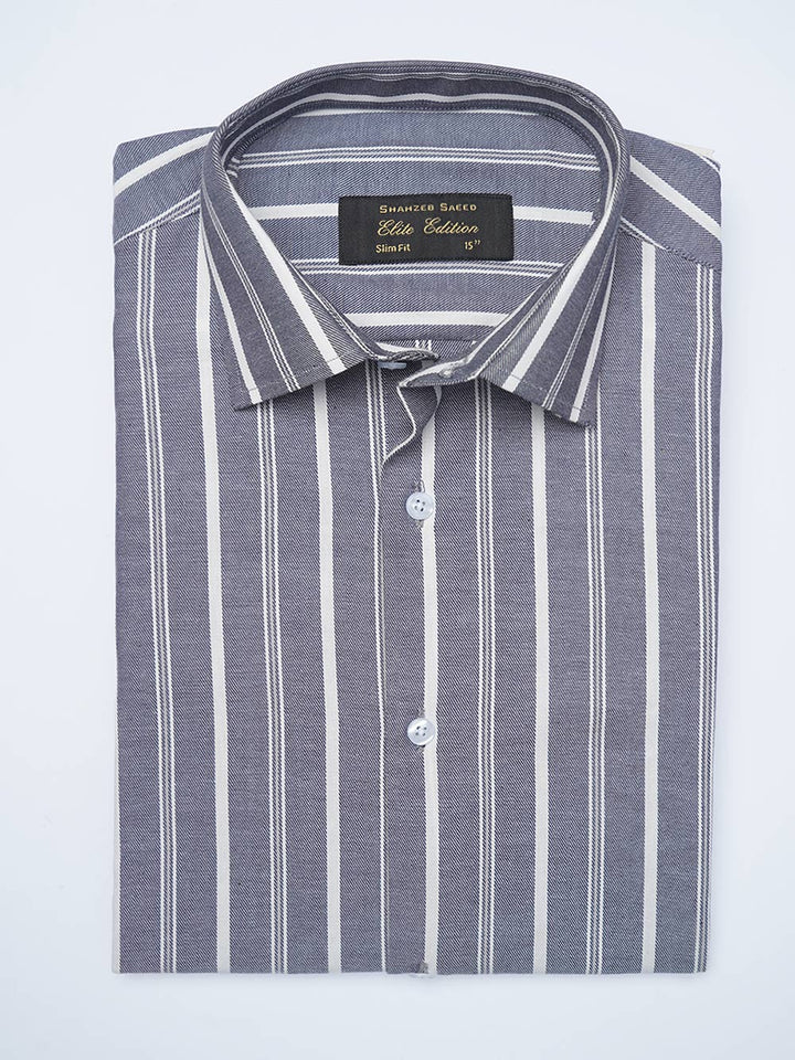 Grey & White Self Striped, Elite Edition, Cutaway Collar Men’s Formal Shirt (FS-2101)