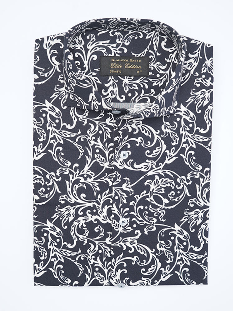 Navy Printed, Elite Edition, Cutaway Collar Men’s Formal Shirt (FS-2127)