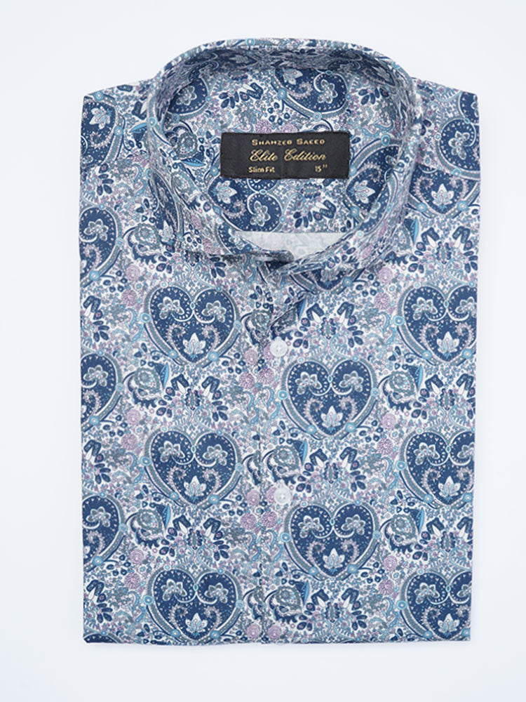 White & Blue Printed, Elite Edition, Cutaway Collar Men’s Formal Shirt (FS-2135)