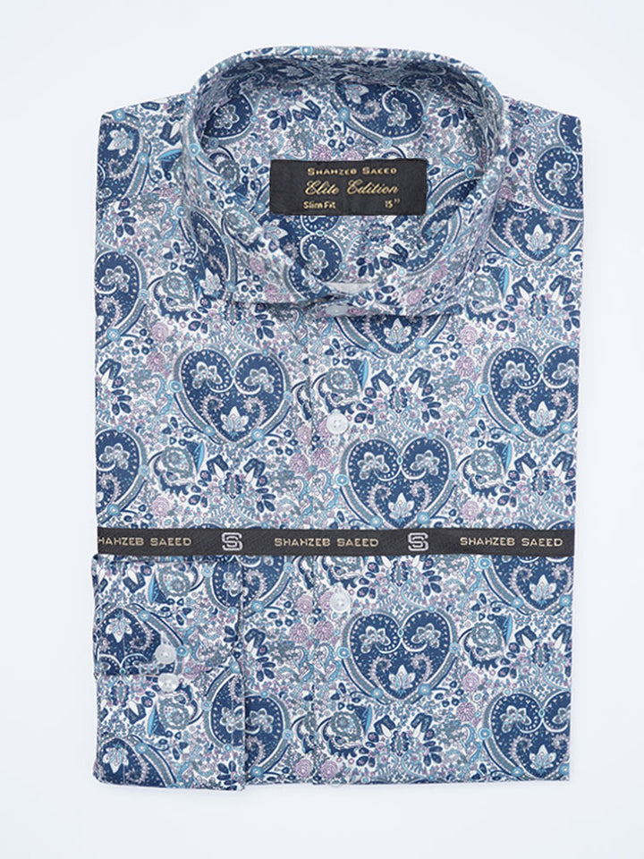 White & Blue Printed, Elite Edition, Cutaway Collar Men’s Formal Shirt (FS-2135)