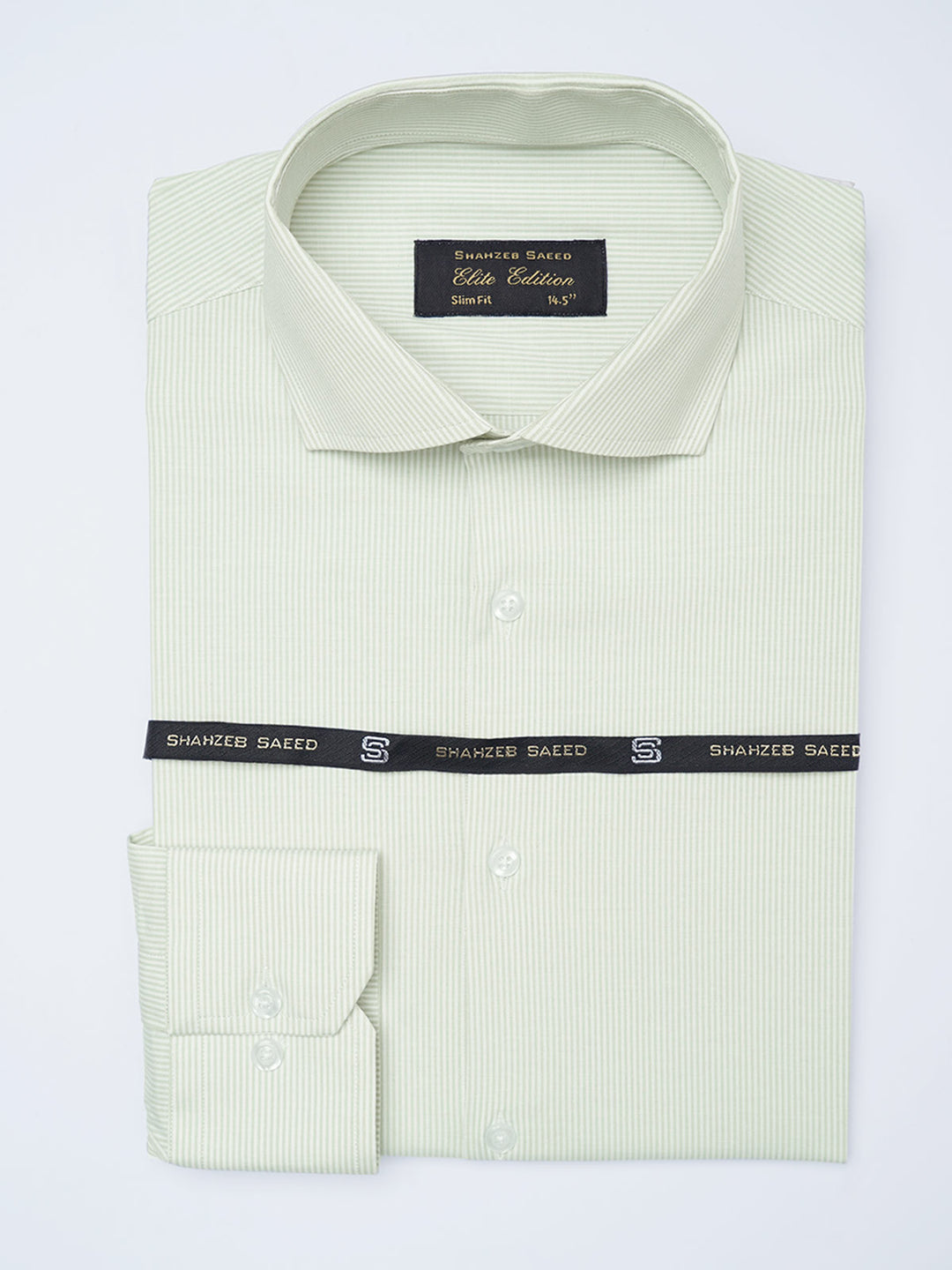 Green & White Self Striped, Elite Edition, Cutaway Collar Men’s Formal Shirt (FS-2139)