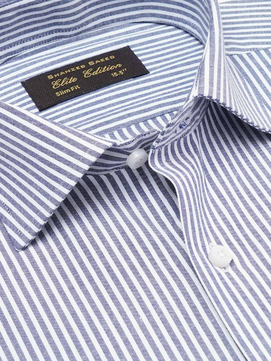 Navy & White Self Striped, Elite Edition, Cutaway Collar Men’s Formal Shirt (FS-2221)