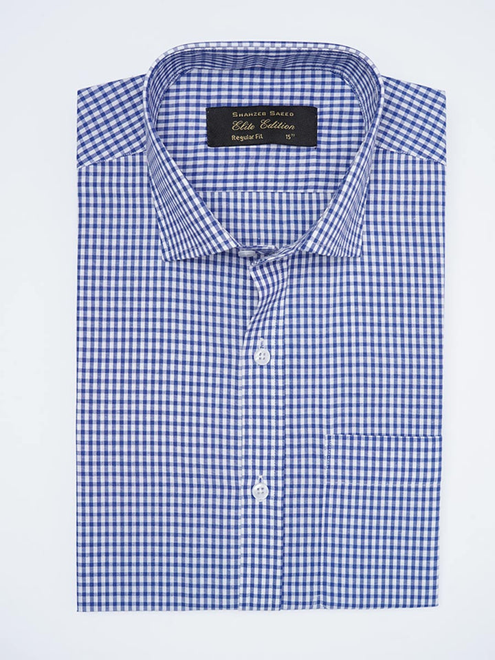 Blue & White Checkered Elite Edition men's formal shirt with a cutaway collar, neatly folded. Perfect for professional and formal wear.