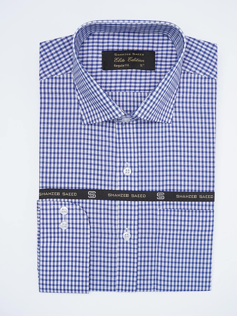 Blue & White Checkered Elite Edition men's formal shirt with branded packaging, featuring a cutaway collar and premium fabric quality.