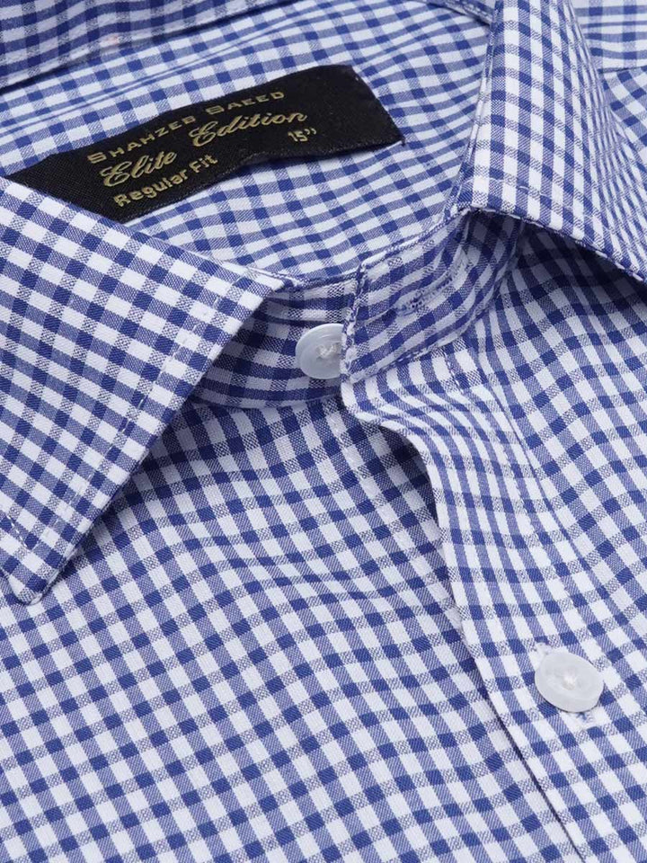 Close-up of Blue & White Checkered Elite Edition men's formal shirt, showcasing fine fabric texture, cutaway collar, and button details.