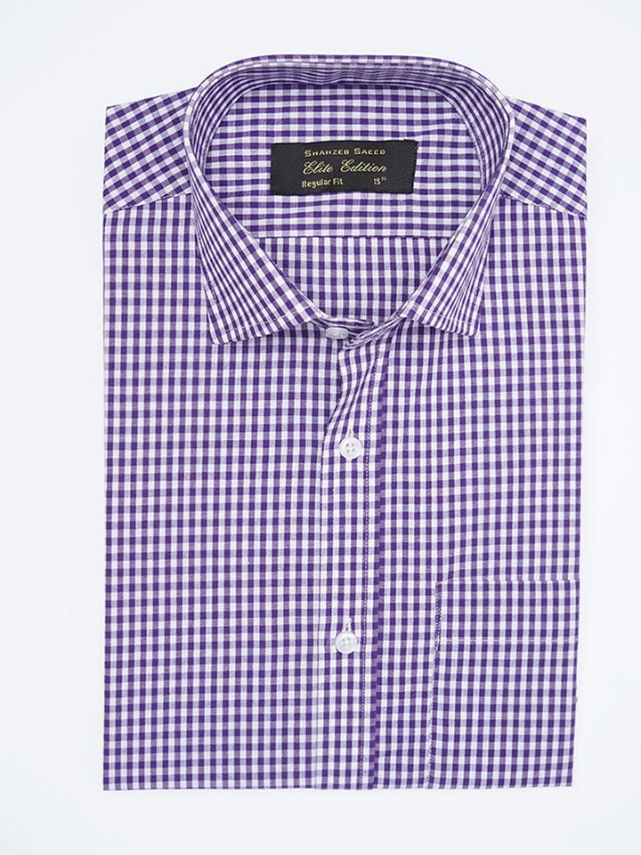 Light purple checkered Elite Edition men's formal shirt with a cutaway collar, neatly folded. Features a stylish checkered pattern and front pocket.