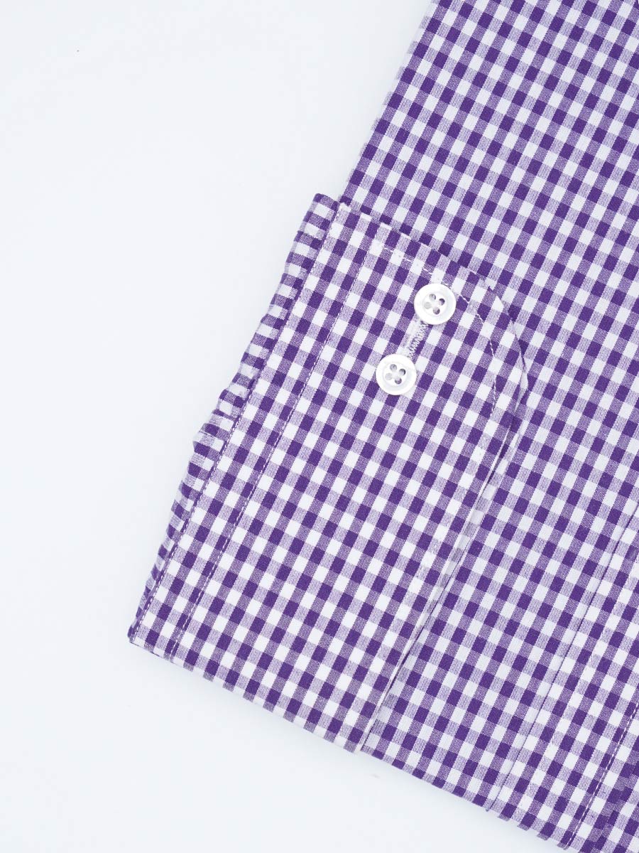 Detailed view of the cuff design on the Light Purple Checkered Elite Edition men's formal shirt, showcasing buttoned cuffs and elegant checkered pattern.