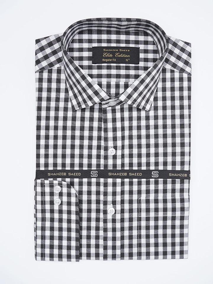 Black & White Checkered Elite Edition men’s formal shirt with branded packaging, featuring a cutaway collar and premium fabric quality.