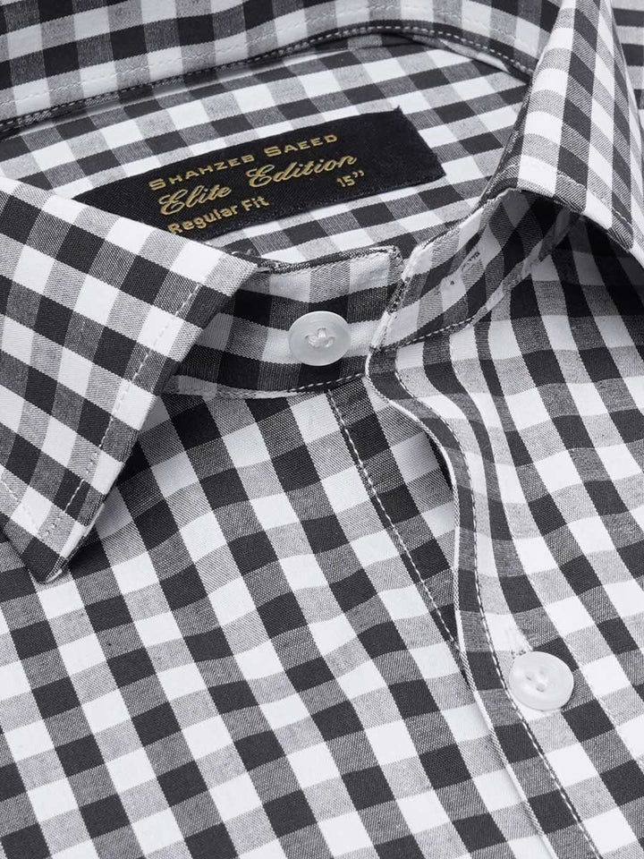 Close-up of Black & White Checkered Elite Edition men’s formal shirt, highlighting the cutaway collar and fine stitching details.