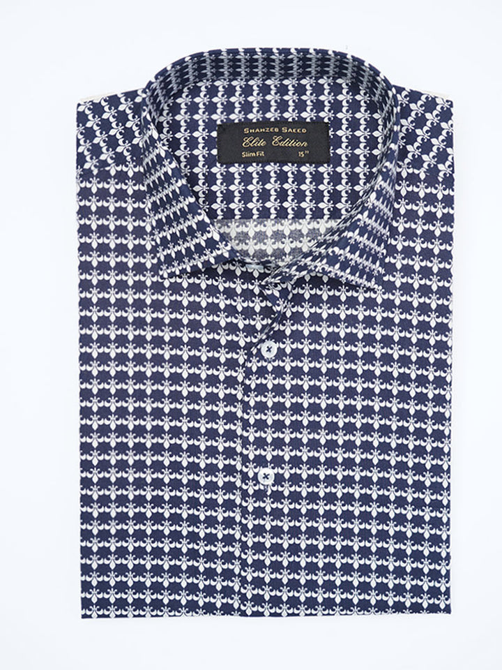 Dark Blue & White Printed, Elite Edition, Cutaway Collar Men’s Formal Shirt (FS-2274)