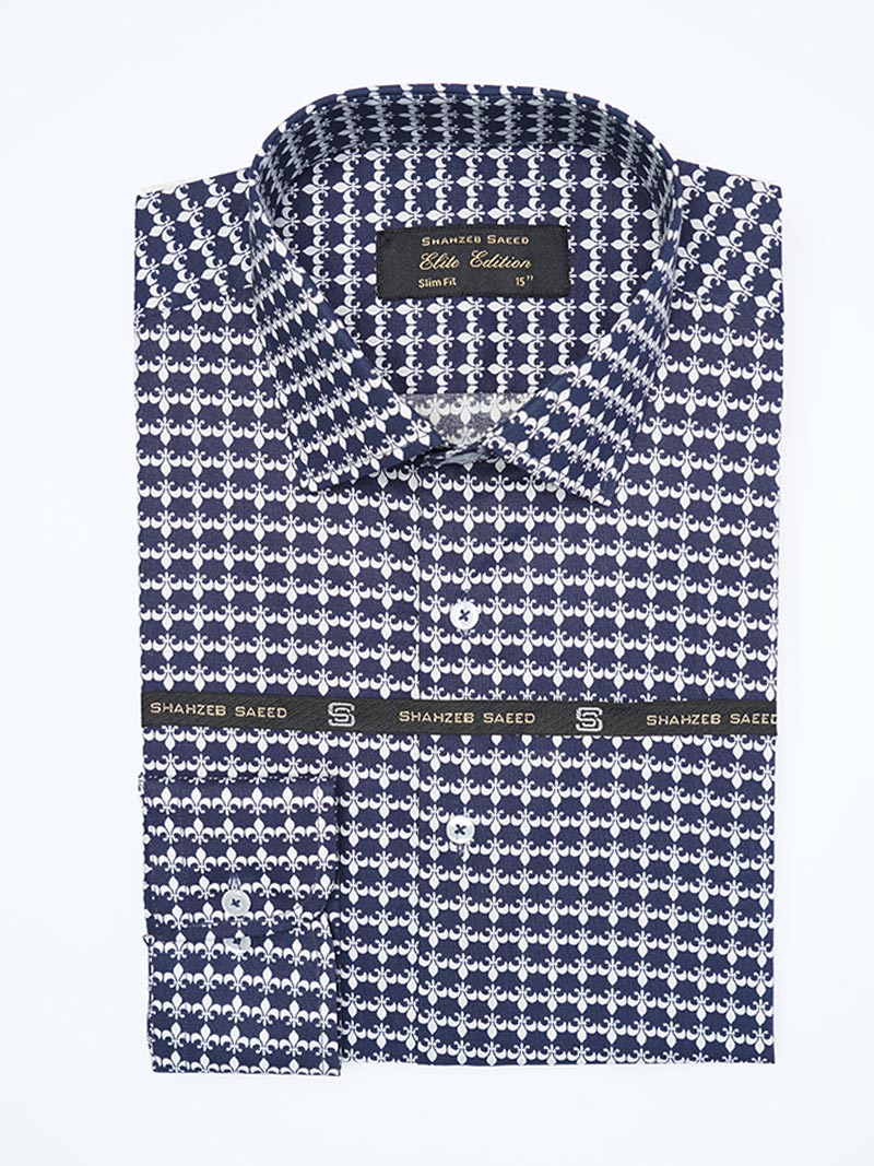 Dark Blue & White Printed, Elite Edition, Cutaway Collar Men’s Formal Shirt (FS-2274)