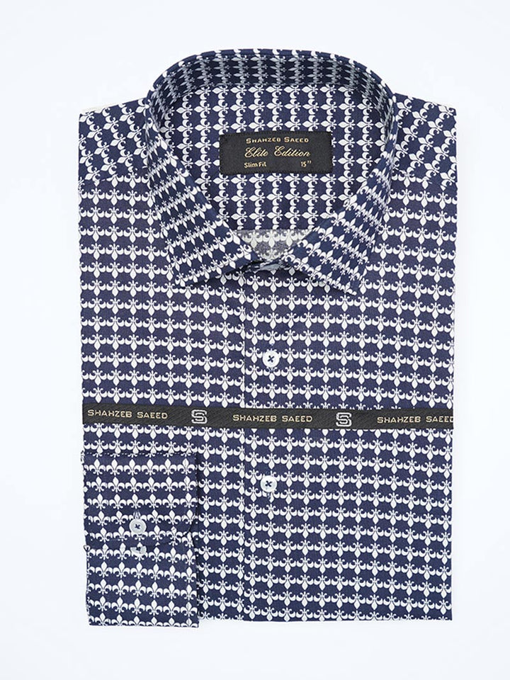 Dark Blue & White Printed, Elite Edition, Cutaway Collar Men’s Formal Shirt (FS-2274)