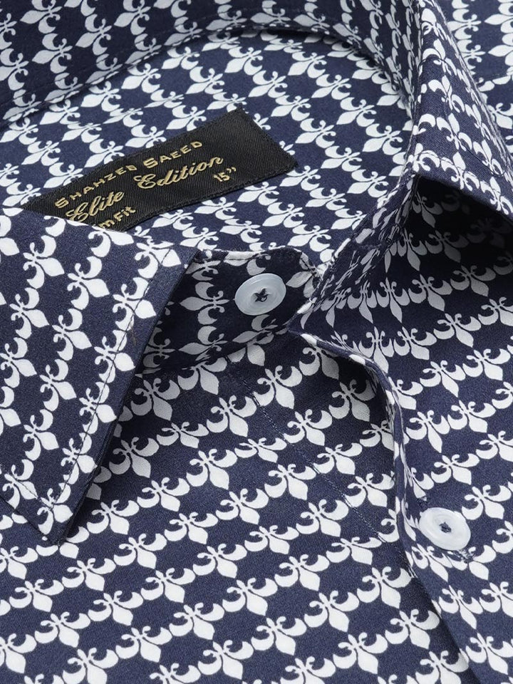 Dark Blue & White Printed, Elite Edition, Cutaway Collar Men’s Formal Shirt (FS-2274)