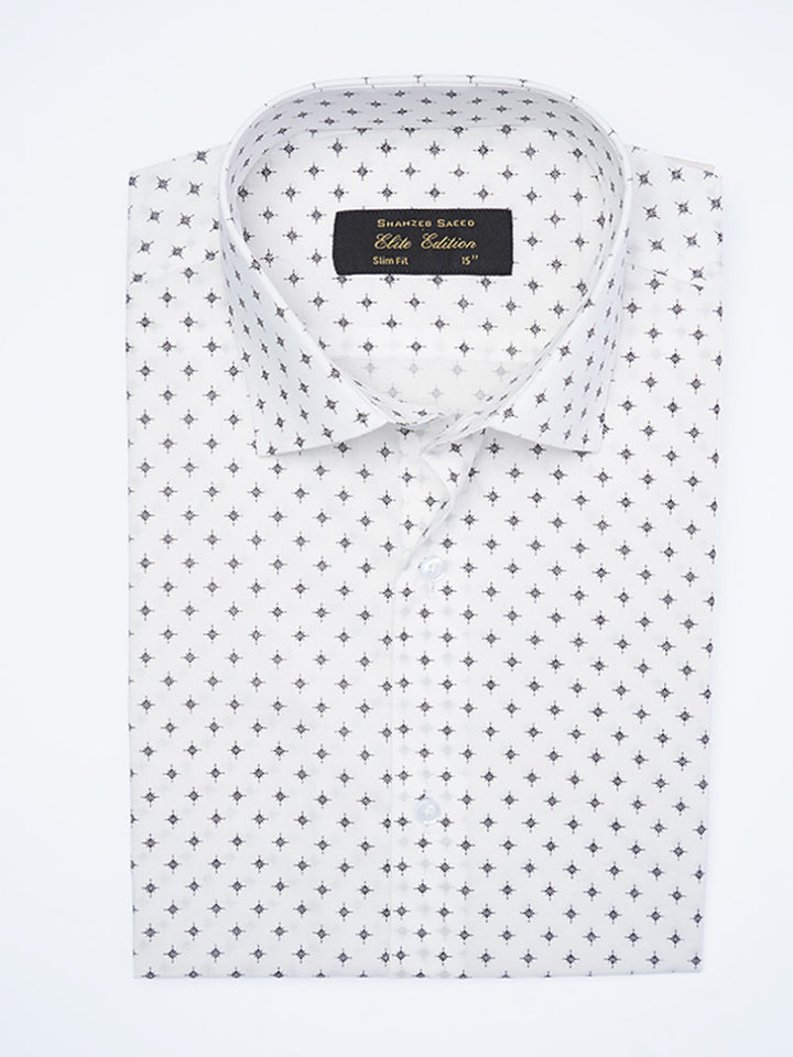 White & Black Printed, Elite Edition, Cutaway Collar Men’s Formal Shirt (FS-2279)