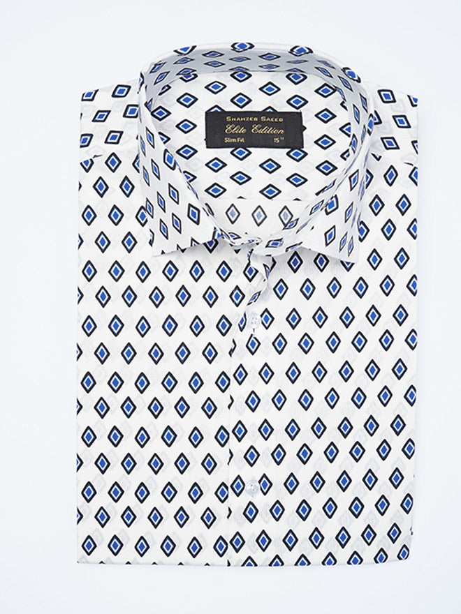 White & Blue Printed, Elite Edition, Cutaway Collar Men’s Formal Shirt (FS-2295)