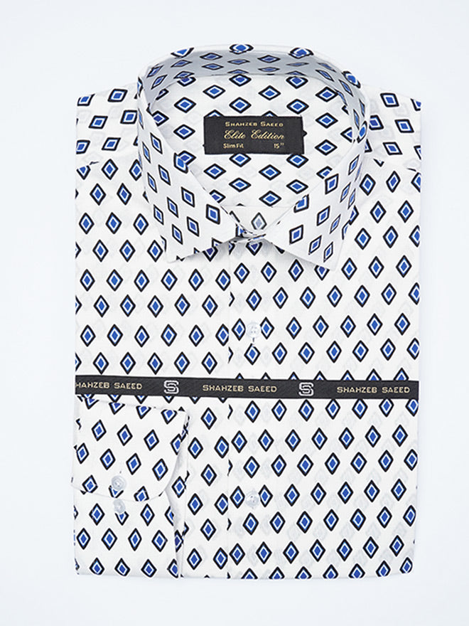 White & Blue Printed, Elite Edition, Cutaway Collar Men’s Formal Shirt (FS-2295)