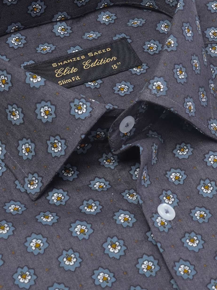 Grey & Blue Printed, Elite Edition, Cutaway Collar Men’s Formal Shirt (FS-2304)