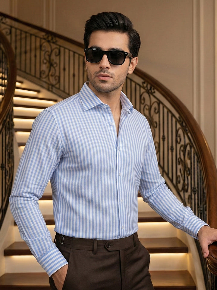 White & Blue Striped, Elite Edition, Cutaway Collar Men’s Formal Shirt (FS-2906)