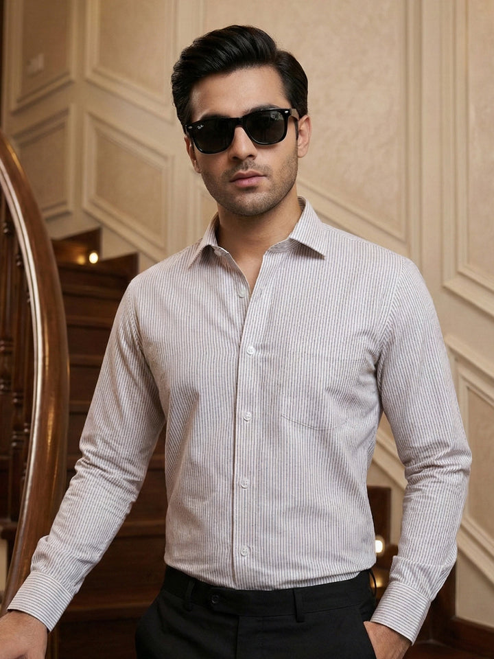 White & Fawn Striped, Elite Edition, Cutaway Collar Men’s Formal Shirt (FS-2907)