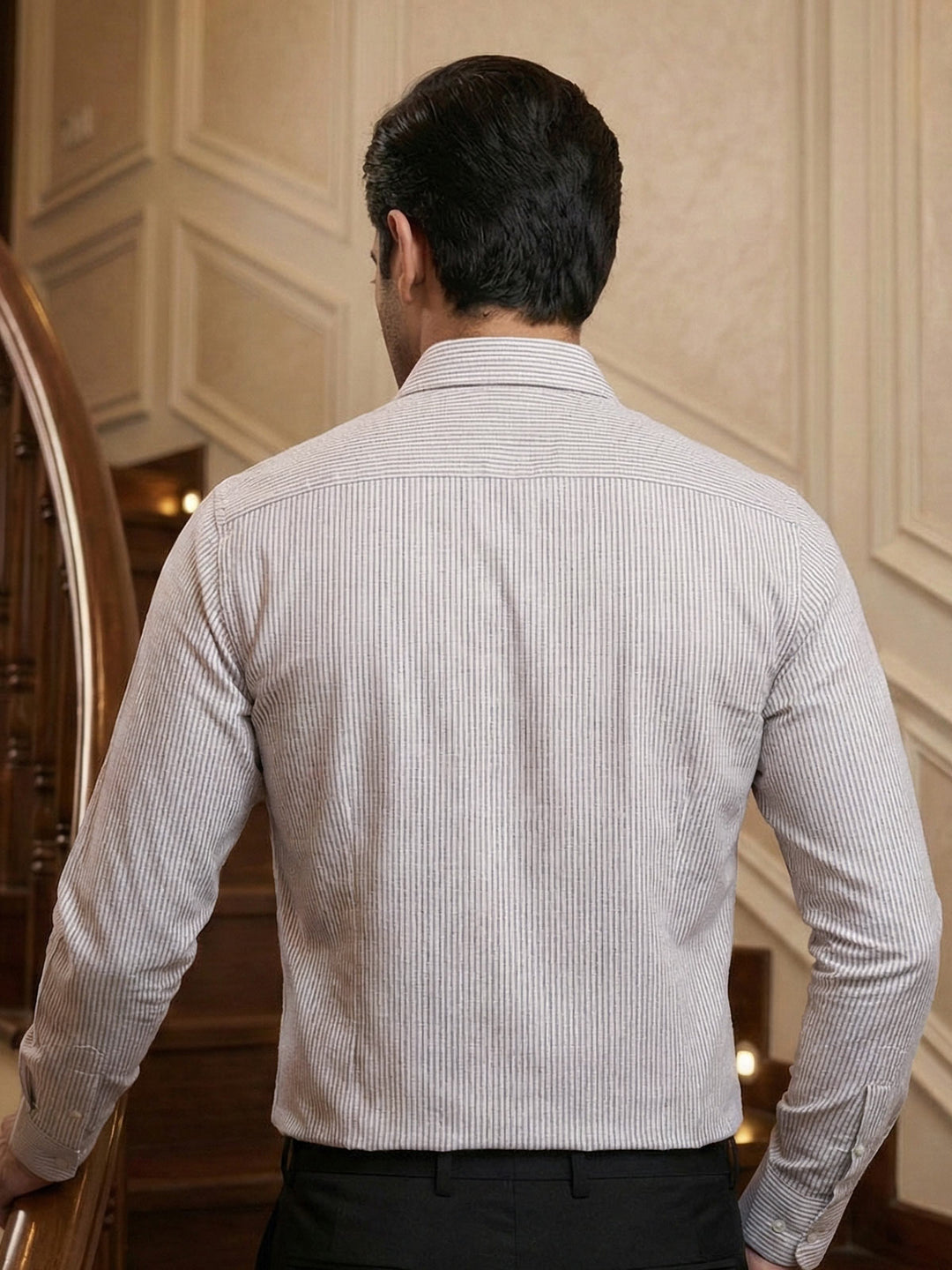 White & Fawn Striped, Elite Edition, Cutaway Collar Men’s Formal Shirt (FS-2907)