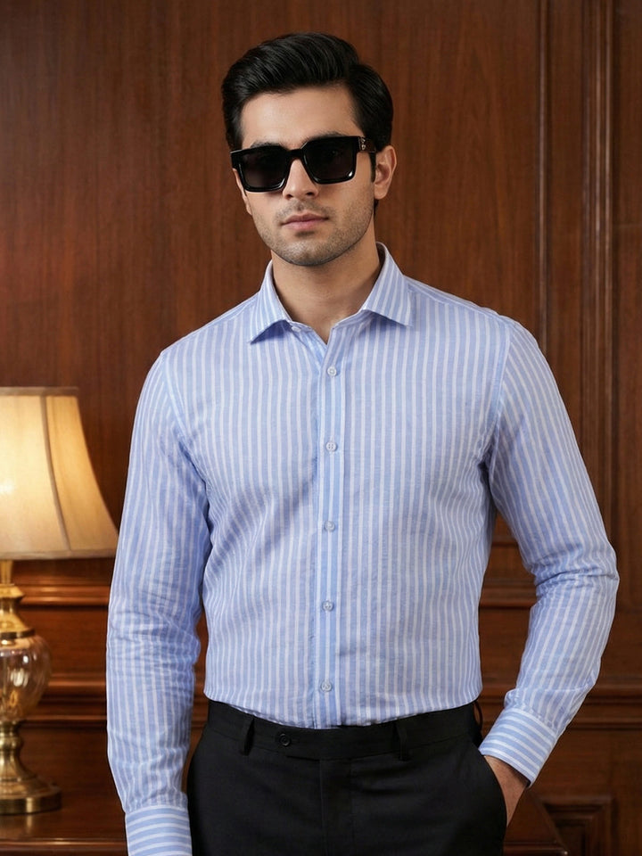 White & Blue Striped, Elite Edition, Cutaway Collar Men’s Formal Shirt (FS-2908)