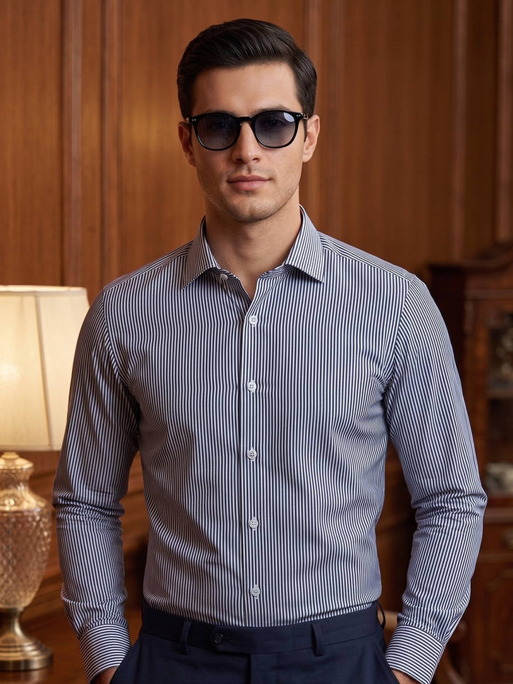 Blue & White Striped, Elite Edition, Cutaway Collar Men’s Formal Shirt (FS-2971)
