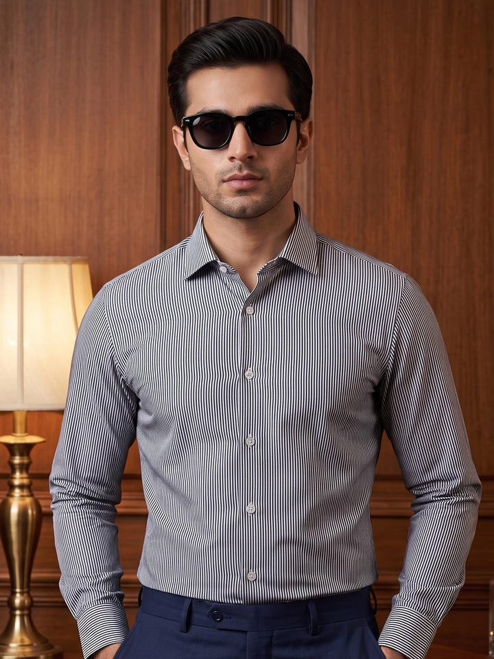 Grey & White Striped, Elite Edition, Cutaway Collar Men’s Formal Shirt (FS-2975)