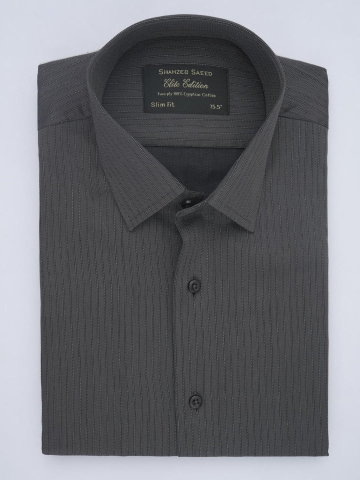 Dark Grey & White Striped, Elite Edition, French Collar Men’s Formal Shirt (FS-417)