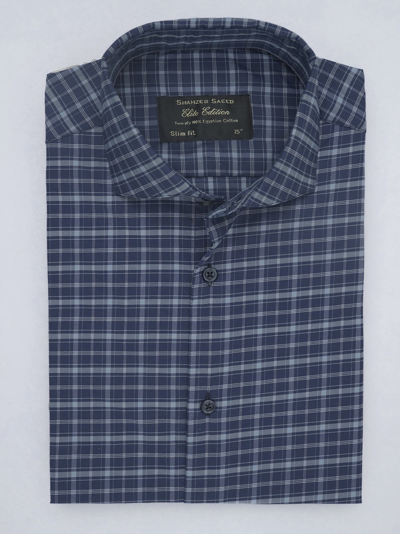 Navy Blue Checkered, Elite Edition, Cutaway Collar Men’s Formal Shirt (FS-548)