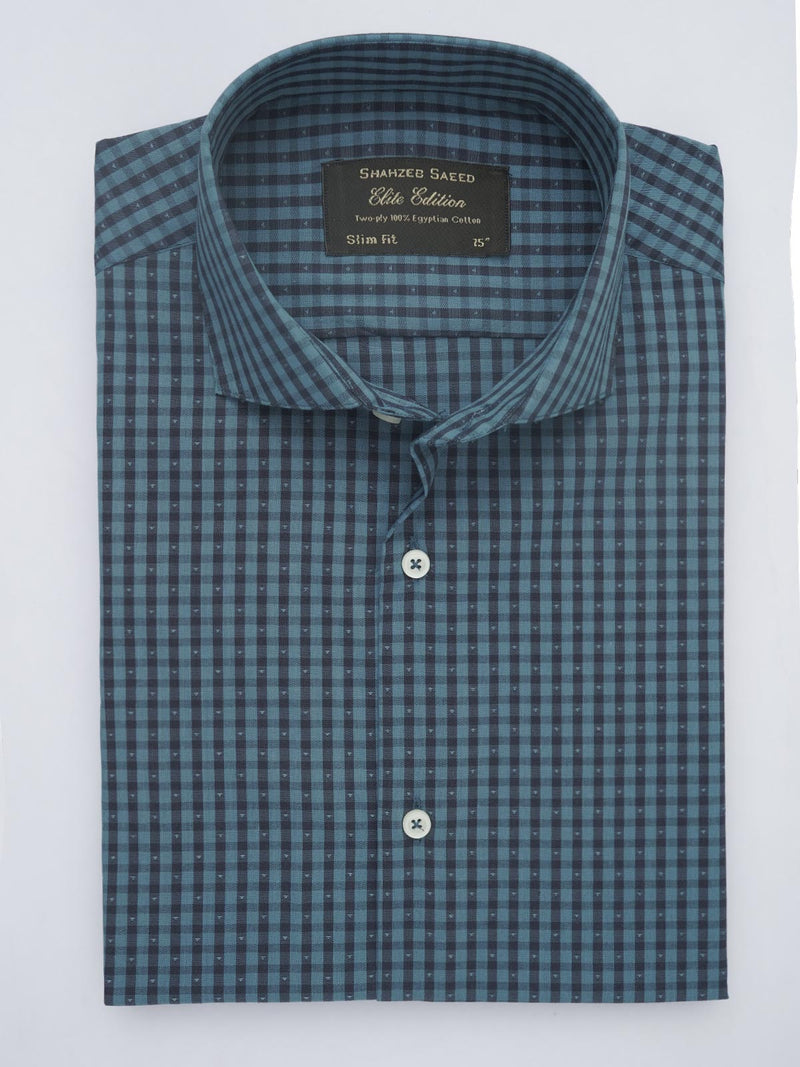 Dark Turquoise Self Checkered, Elite Edition, Cutaway Collar Men’s Formal Shirt (FS-553)