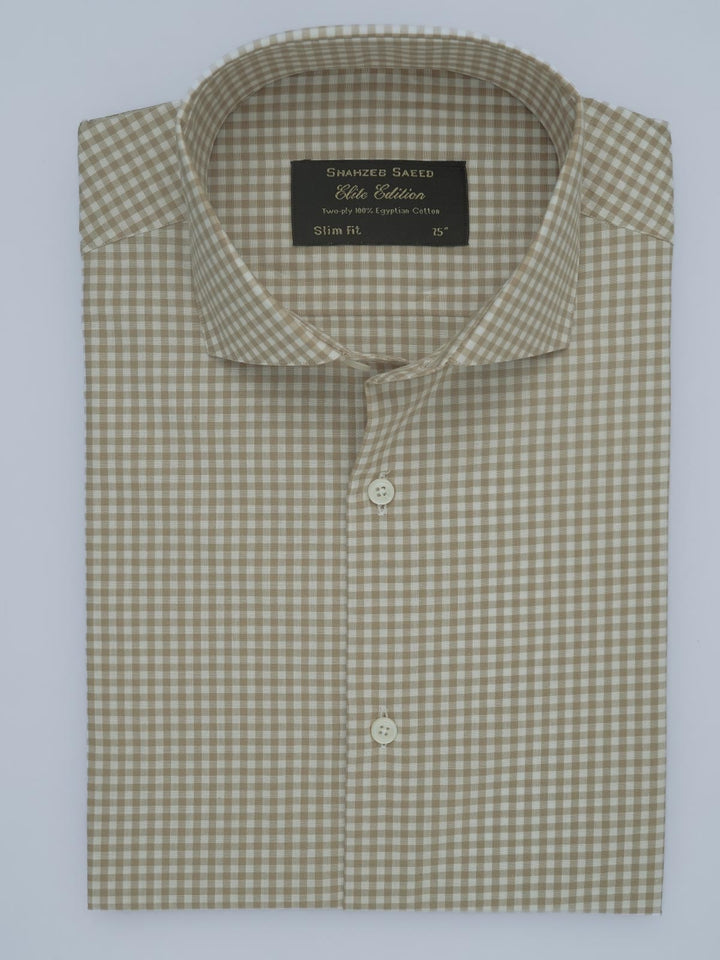 Light Brown & White Checkered, Elite Edition, Cutaway Collar Men’s Formal Shirt (FS-555)