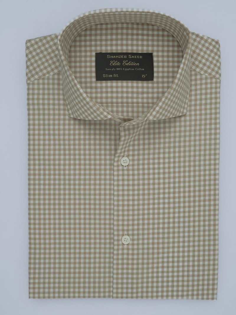 Light Brown & White Checkered, Elite Edition, Cutaway Collar Men’s Formal Shirt (FS-555)