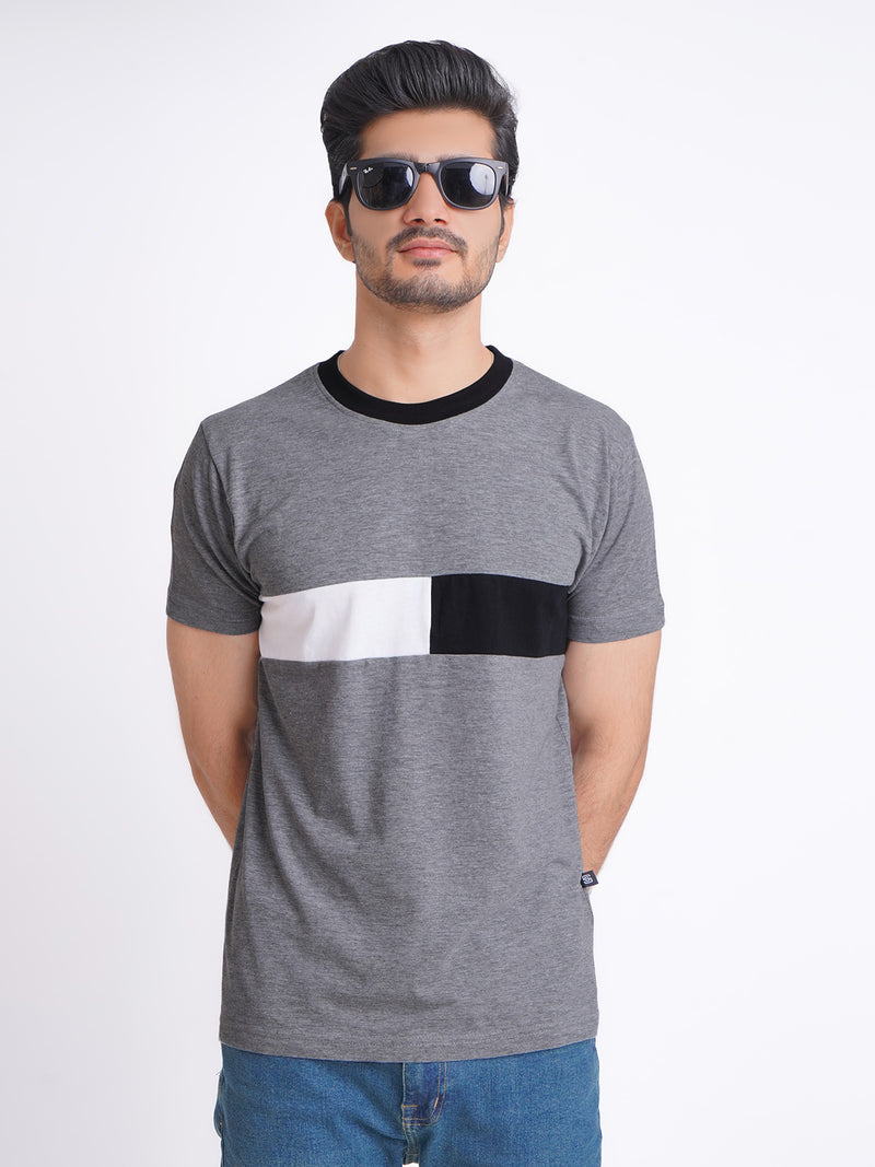 Color Block Half Sleeves Men’s Grey T-Shirt (GT-76)
