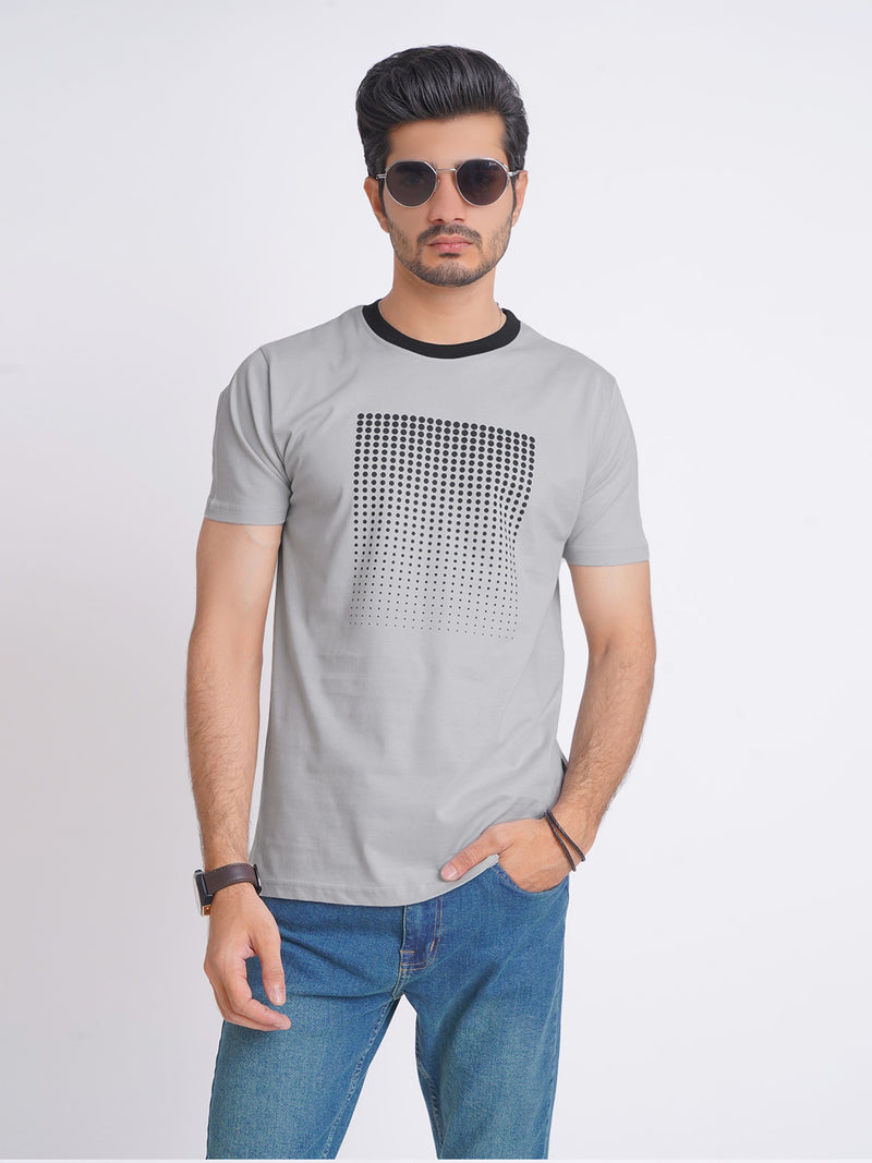 Black Dotted Designer Half Sleeves Men’s Light Grey Graphics T-Shirt (GT-80)
