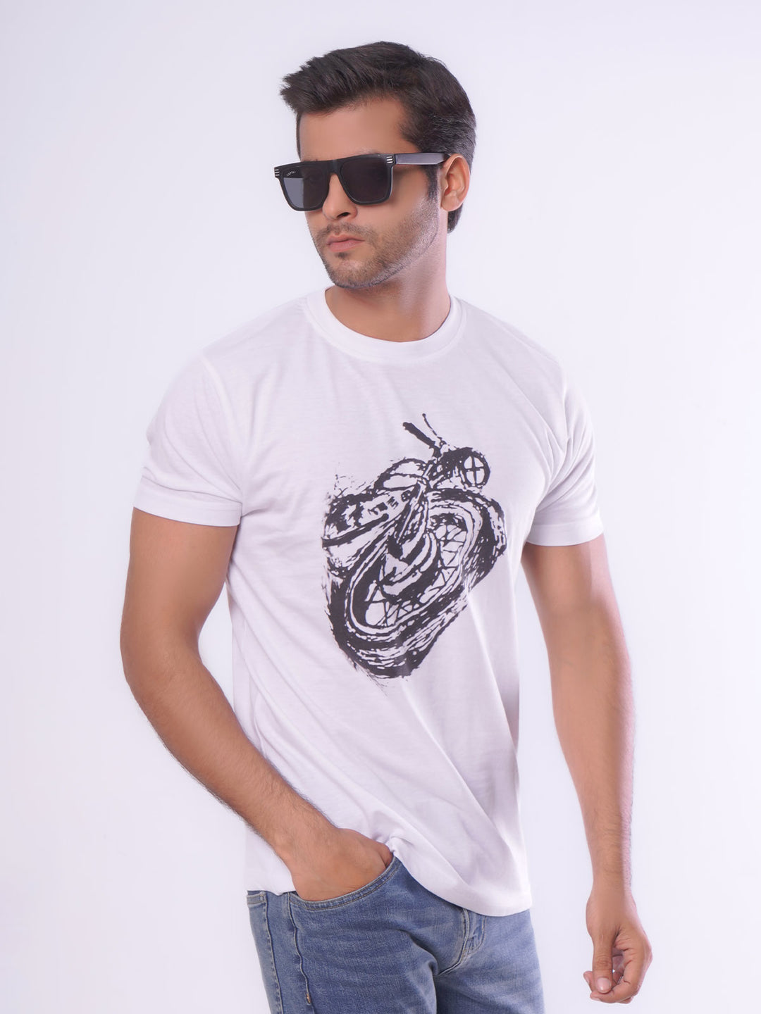 Retro Bike Half Sleeves Men’s White Graphics T-Shirt (GT-72)