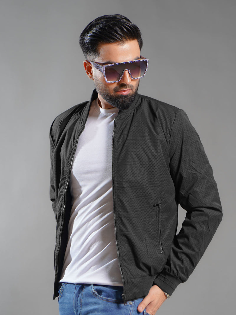 Black Imported Textured Bomber Jacket (MBJ-001)