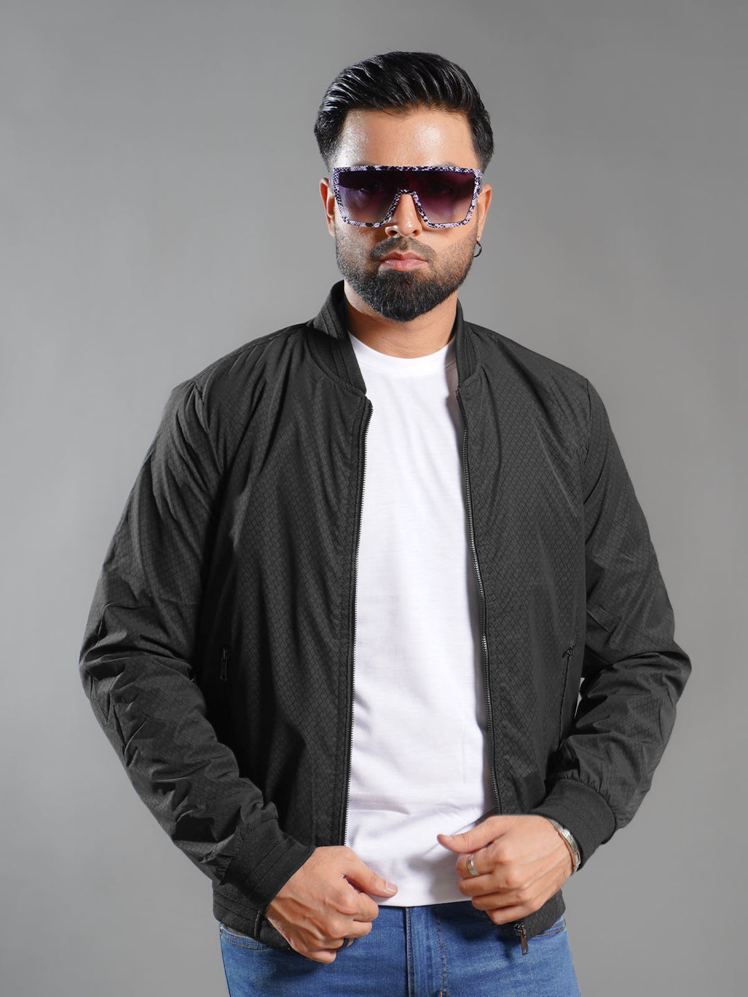 Black Imported Textured Bomber Jacket (MBJ-001)