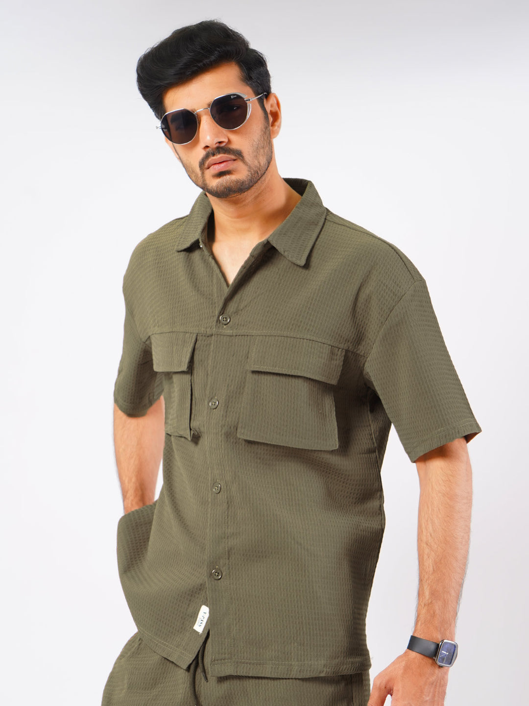 Olive Green Popcorn Textured Mens's Co-ord Set (MCSK-02)