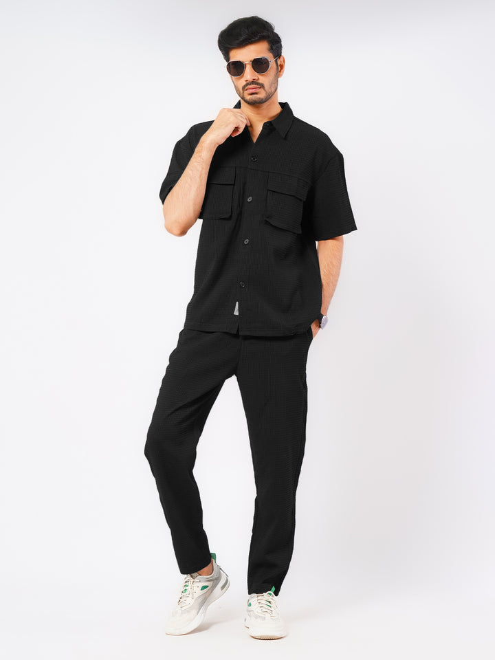 Black Popcorn Textured Mens's Co-ord Set (MCSK-03)