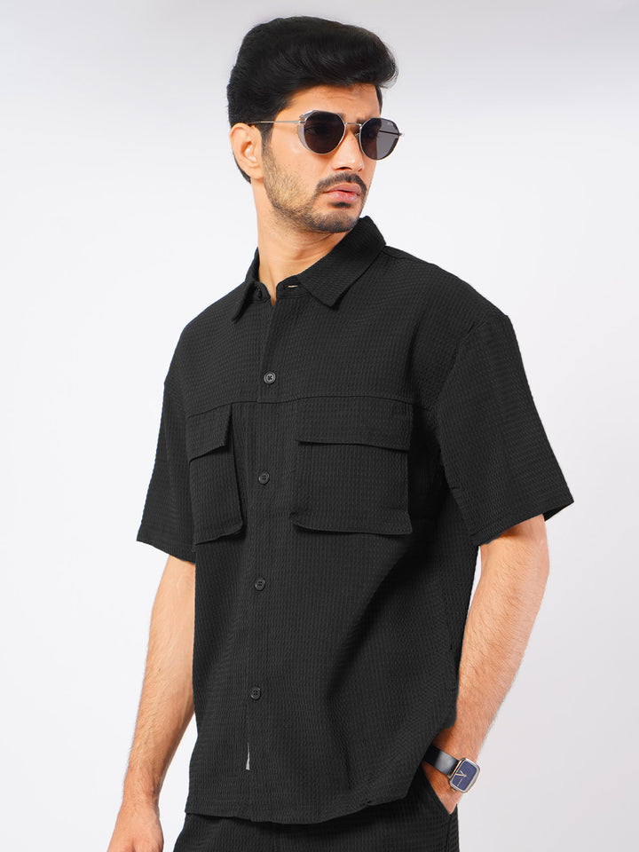 Black Popcorn Textured Mens's Co-ord Set (MCSK-03)