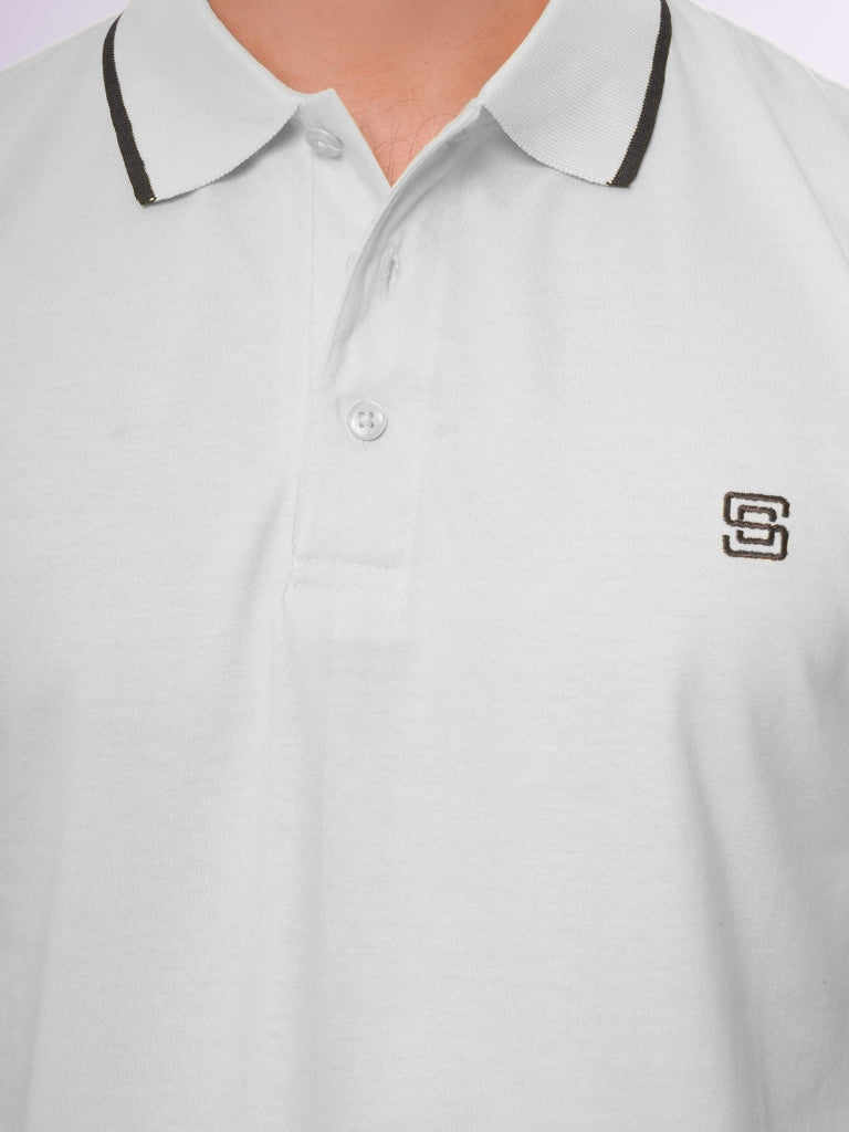 White Contrast Tipping Half Sleeves Cotton Jersey Polo T-Shirt (POLO-537)